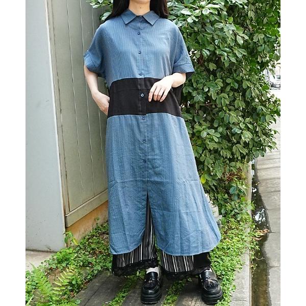 ワンピース 配色ロングシャツワンピース