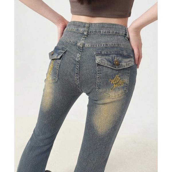 ジーンズ デニム デニムパンツ バック刺繍ハイウエストフレアデニムパンツ レディース