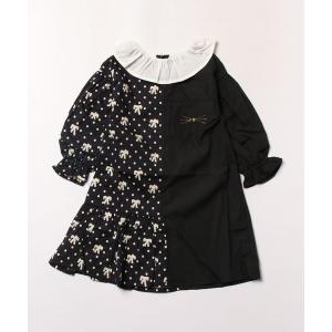 ワンピース リボンドットプリント　アシンメトリーワンピース キッズ 子供服 女の子