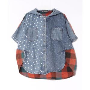 ブラウス シャツ CUBE SUGAR/キューブシュガー　DOT DENIMｘチェック5分袖フードシャツ レディース
