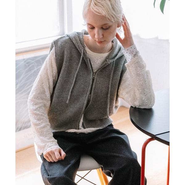 ベスト ジレ フードzipニットベスト レディース