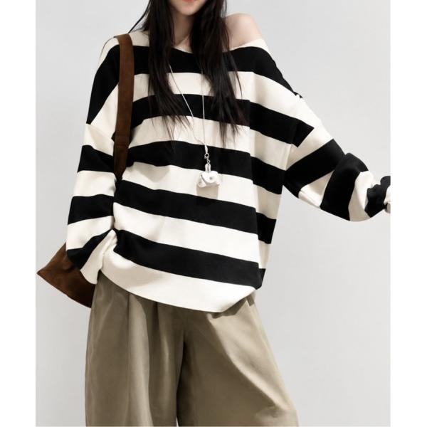 tシャツ オフショルボーダー ゆったり長袖ビッグシルエット レディース