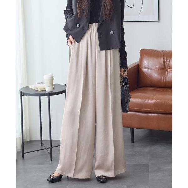 ワイドパンツ スラックス パンツ ヴィンテージサテンタックワイドパンツ レディース