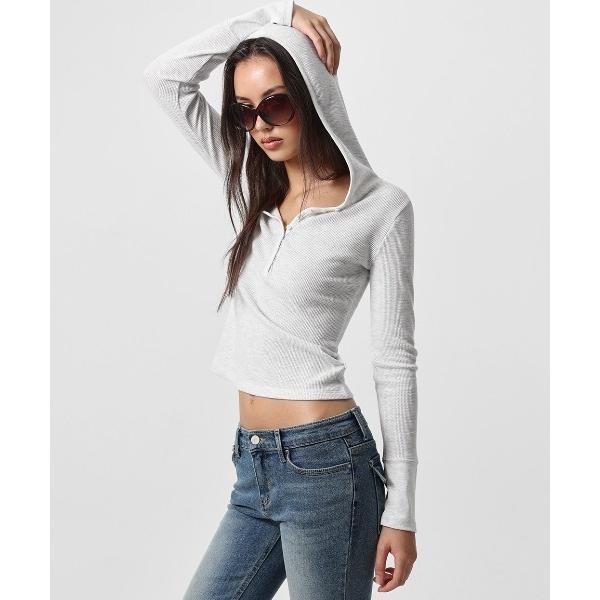 ヘンリーネック tシャツ 「B-BASIC」 ワッフルスリムヘンリーネックフードT レディース