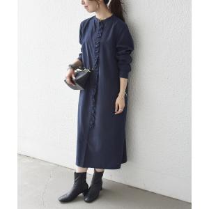 ワンピース 「洗濯機可能」ピーチスキン フリル バンドカラー シャツ ワンピース