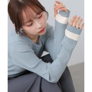 ニット セーター 「選べるサイズ展開」袖配色クルーネックリブニットトップス レディース