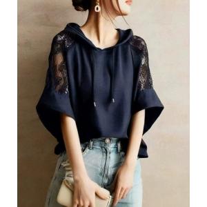 tシャツ 半袖 レース切替 フード付き 半袖トップス レディース