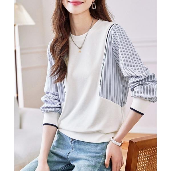 tシャツ ストライプ切り替えレイヤード風長袖トップス レディース