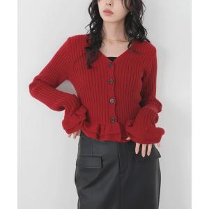 カーディガン Vネックリブニットフリルカーディガン レディース