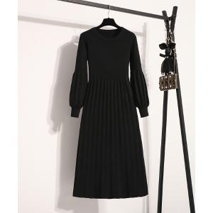 ワンピース ランタンスリーブ プリーツ ニットワンピース