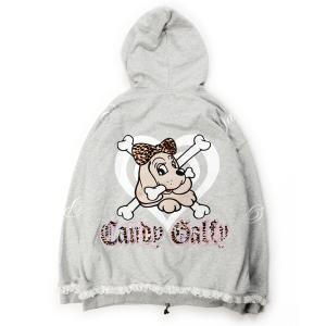 パーカー GALFY（ガルフィー）ぷりぷりボーンふりるパーカー/レオパードロゴ フリルレース スウェットジップパーカー レディース