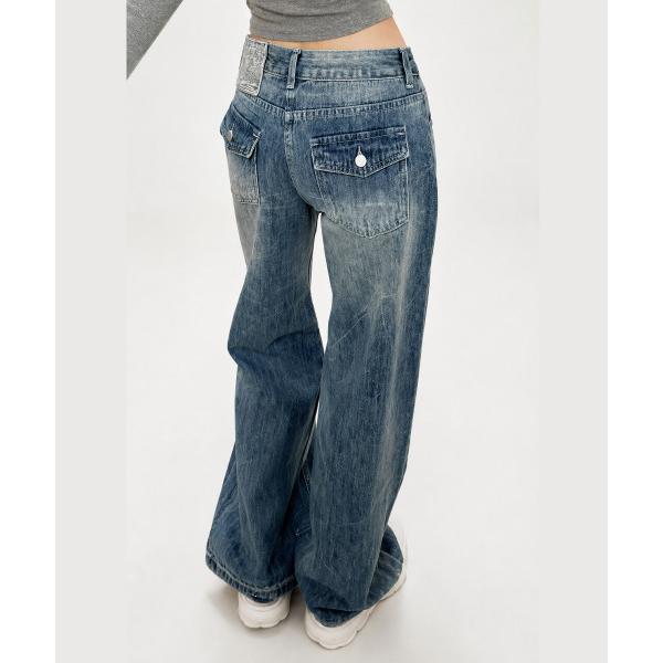 ワイドパンツ ジーンズ デニム デニムパンツ シワ加工ウォッシュ ワイドストレートデニムパンツ レデ...