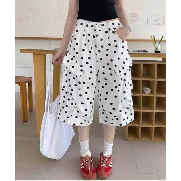 ワイドパンツ ハーフパンツ カーゴパンツ 短パン ドット柄カーゴハーフパンツ レディース