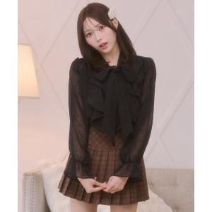 ブラウス シャツ ハートドット柄 ビッグボウタイ フリル シフォンブラウス レディース