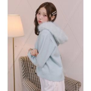 パーカー ボリュームファー ジップアップ ニット フーディー レディース