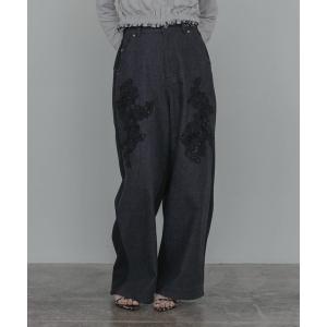 ワイドパンツ ジーンズ デニム デニムパンツ ビーズエンブロイダリーデニムパンツ レディース
