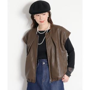 ベスト ジレ フェイクレザー ドロストバルーンベスト レディース