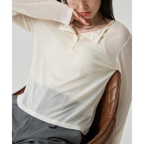 ヘンリーネック tシャツ シアー ヘンリーネック長袖トップス レディース