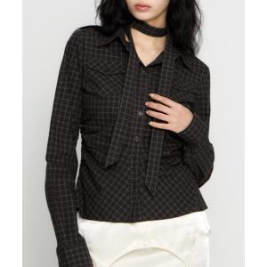 ブラウス シャツ CHECK SIDE GATHER TIE シャツ レディース