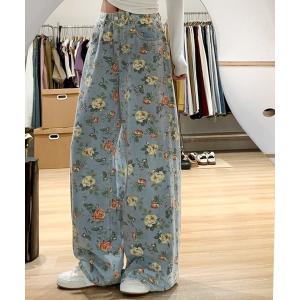 ワイドパンツ ジーンズ デニム デニムパンツ 花柄プリント柄デニムワイドパンツ レディース