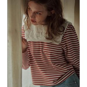 tシャツ 「 nap / ナップ 」 Crochet Collar Border Top / ナップ クロシェ カラー ボーダー トップ　IFI レディース メンズ