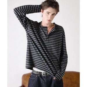 ヘンリーネック tシャツ ワンポイント刺繍レイヤードサムホールボーダーヘンリーネックロングスリーブTシャツ メンズ レディース