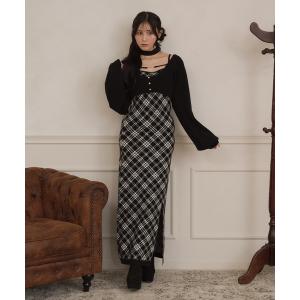 ワンピース 「3点セット」レイヤードチェックニットロングワンピース