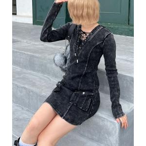 ワンピース 「SPIRAL WASH」レースアップミニリブワンピース
