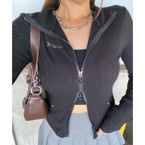 tシャツ ダブルジップバックロゴリブニットトップス レディース