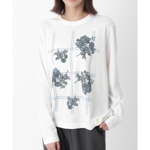 tシャツ ローズチェック柄発泡プリント長袖カットソー レディース