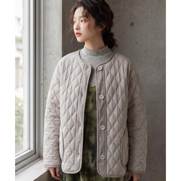 ジャケット ノーカラージャケット 両面キルティング・ラウンドネック長袖中綿ジャケット レディース