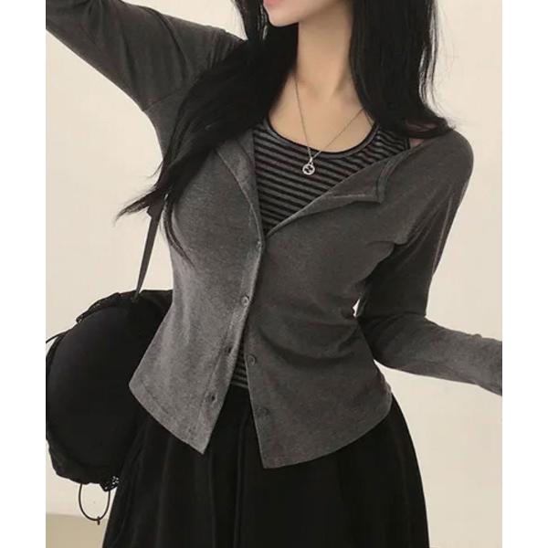 tシャツ ボーダーホルターネックドッキング カーディガン風プルオーバートップス レディース