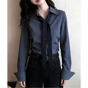 ブラウス シャツ ストライプリボンタイ付きシャツ 襟付きロングスリーブ レディーストップス レディース