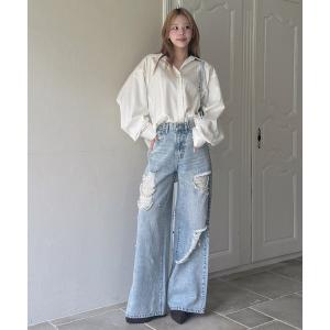 ワイドパンツ ジーンズ デニム デニムパンツ パールビジュークラッシュデニムパンツ レディース