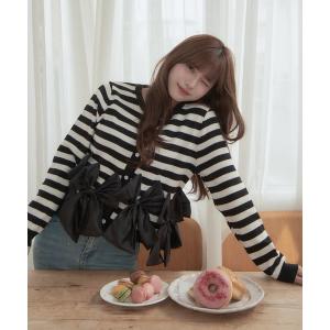 カーディガン リボンペプラムボーダーカーディガン レディース