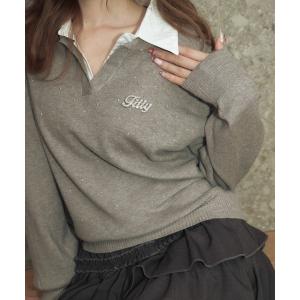 ニット セーター ラインストーンロゴポロニットトップス レディース