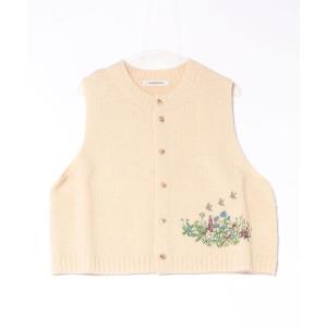 ベスト ジレ メリノウールローゲージ　朝の花たち刺繍ニットベスト レディース