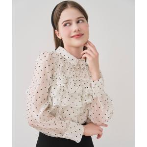 ブラウス シャツ シアーフリルフロッキードットシャツブラウス レディース