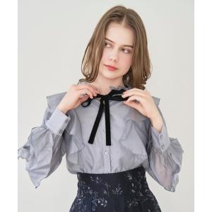ブラウス シャツ ベロアリボンラッフルフリルブラウス レディース