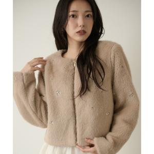 ジャケット ノーカラージャケット ビジュー付きノーカラーファージャケット レディース