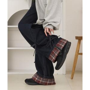 ワイドパンツ ジーンズ デニム デニムパンツ ロールアップチェックリボンワイドパンツ レディース