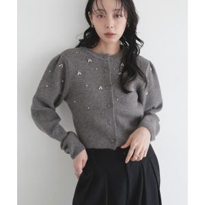 カーディガン ビジューパフスリーブカーディガン レディース