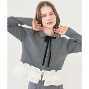 カーディガン すそフリルベロアリボンカーディガン レディース