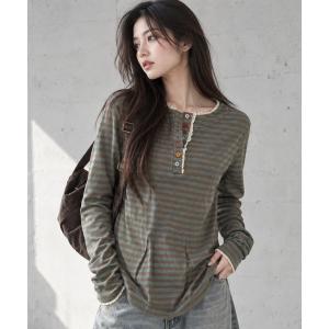 ヘンリーネック tシャツ レーストリム マルチボタン ボーダーヘンリーネック長袖トップス レディース