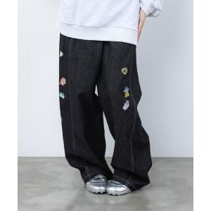 ワイドパンツ ジーンズ デニム デニムパンツ 363110：シールぺたぺた風プリント デニムパンツ レディース メンズ