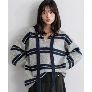 ニット セーター リボンボーダーBIGニット レディース