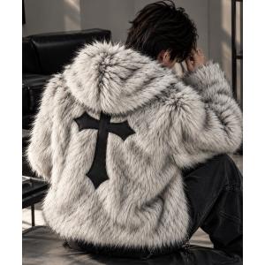 ブルゾン アウター 「Bls」「ZM」「Bling Leads」クロスモチーフ ファーフードジャケット メンズ レディース