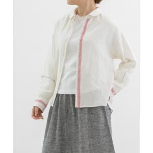ブラウス シャツ ライン入りリネンコットンビエラ丸衿シャツ レディース
