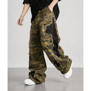 ワイドパンツ ジーンズ 「Bls」「ZM」「Bling Leads」ダメージ加工切替刺繍入バレルレッグデニムパンツ メンズ レディース