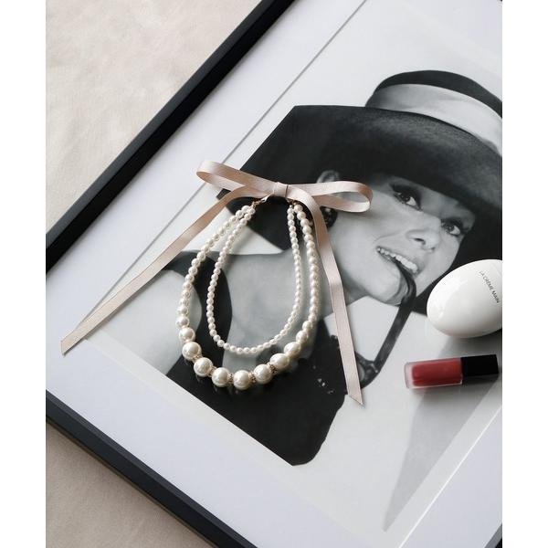 ネックレス 大小パール＆ビジューグログランリボン2連ネックレス 結婚式 パーティー お呼ばれ オケー...